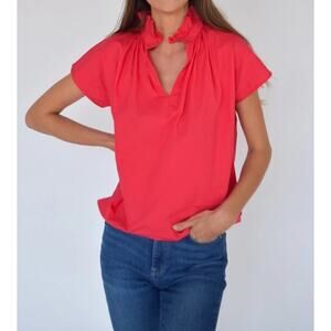 Never A Wallflower Size L Red Ruffle Neck Short Sleeve Cotton Blouse Women’s